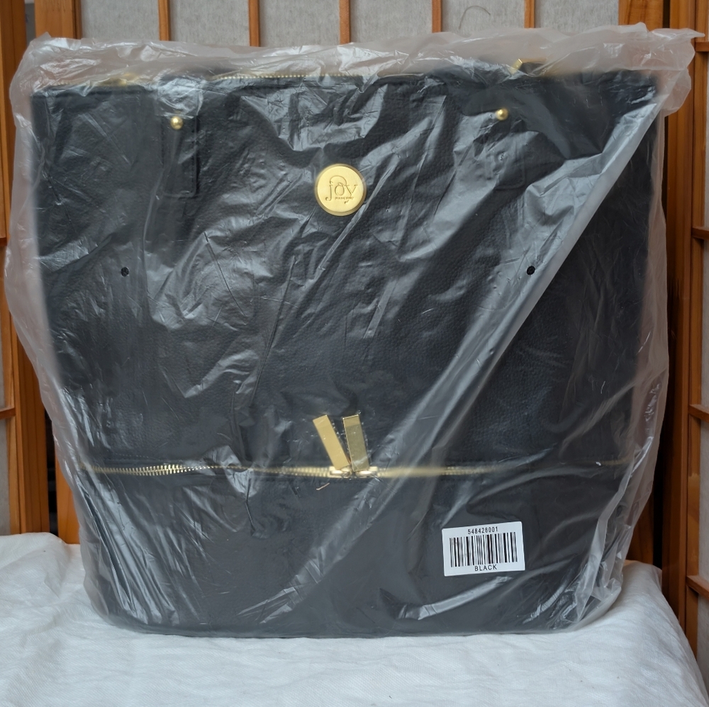 NEW Black Leather Weekend Tote Set | Double Decker Bag | Joy Mangano NWT Stripes